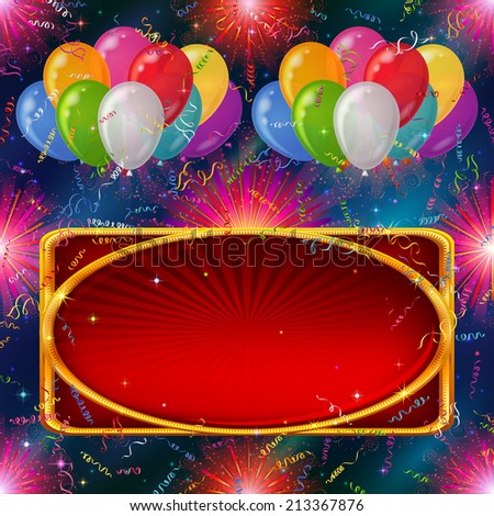 Holiday background for web design with colorful balloons, red banner, fireworks and serpentine on abstract space with dark blue sky and stars
