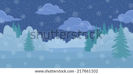 Christmas horizontal seamless background, winter landscape, night forest with snow, white snowflakes and starry cloudy sky. Vector