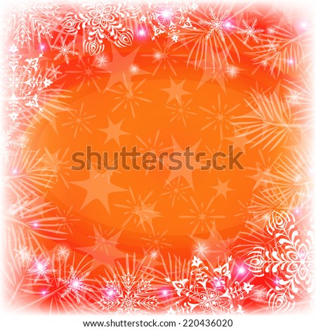 Red and orange Christmas background for holiday design with white snowflakes, pine branches and stars.