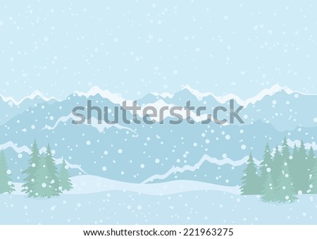 Seamless horizontal background landscape with snowy sky, fir trees, snowdrifts and far mountains in the distance.