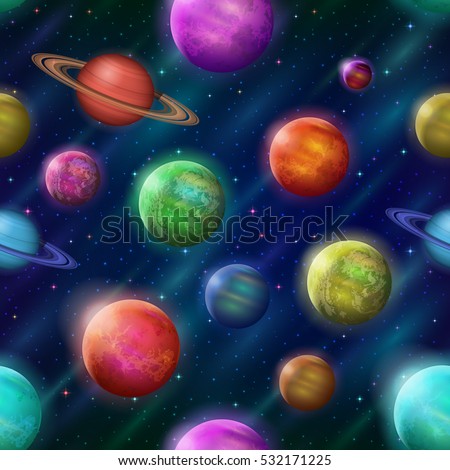 Space Seamless Background with Various Fantastic Planets and Moons. Tile Pattern for Your Web Design. Elements of This Image Furnished By NASA. Eps10, Contains Transparencies. Vector