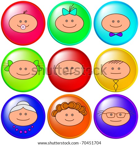 Set vector icons, buttons: people, family faces: grandmother, grandfather, mother, father, children