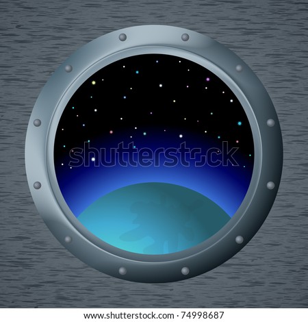 Spaceship Window Porthole With Space, Dark Blue Sky, Planet And Stars ...