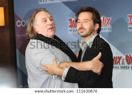BERLIN - OCTOBER 01: Edouard Baer and Gerard Depardieu attend the \'Asterix & Obelix God Save Britannia\' photocall at Hotel de Rome on October 1, 2012 in Berlin, Germany.