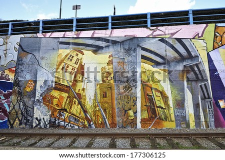 BRUSSELS,BELGIUM -FEBRUARY 17: Colorful graffiti street art urban on february 17, 2014 in Brussel, Belgium.