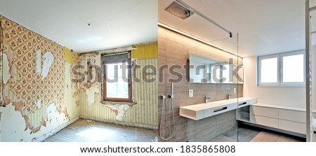Renovation of a bathroom Before and after in horizontal format Photo stock © 