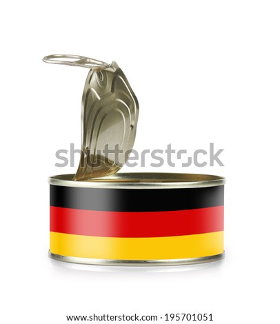 Open an empty tin can flagged Germany isolated on white background - clipping path and path for label