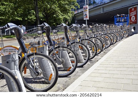 BRUSSELS, BELGIUM - JULY 16, 2014:City Bike docking station in Brussels city. Villo Bike is a privately owned for-profit public bicycle sharing system that serves the city on July 16 in Brussels