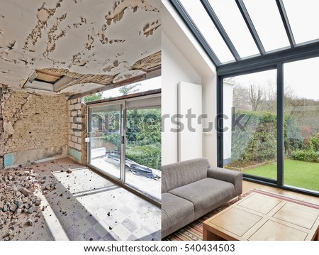 Modern living room with large windows and view on seaside. before and after Photo stock © 