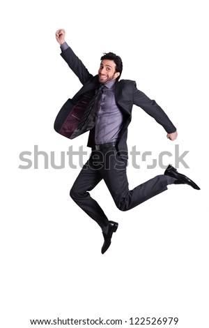happy businessman jumping in the air in excitement, successful businessman jumping in the air against whit background