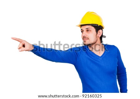 portrait of a construction worker wearing yellow safety helmet and blue sweater, isolated on white background