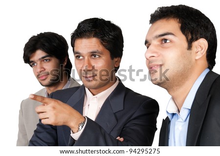 happy Indian business team,happy business team looking and pointing towards left side out of frame
