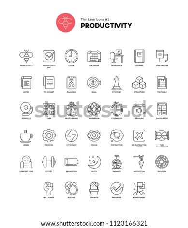 Productivity. Set of pixel-perfect icon. Thin line style. Variety of visual metaphors suitable for wide range of uses. Vector illustration.