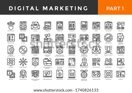 Digital marketing icons, thin line style, big set. Part one. Vector illustration