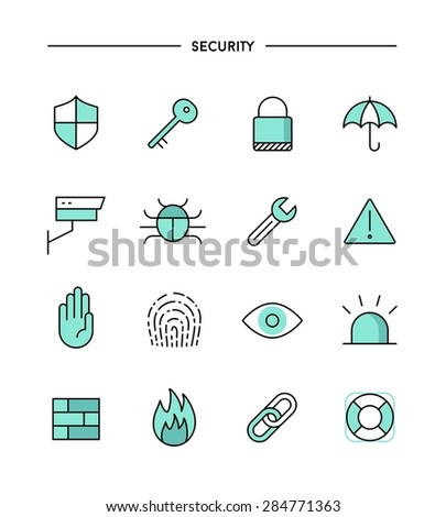 set of flat design, thin line security icons, vector illustration 