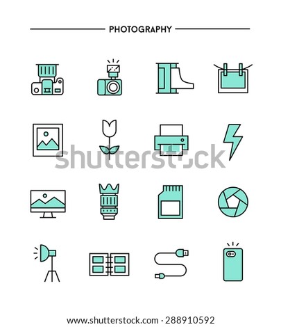 set of flat design, thin line photography icons, vector illustration