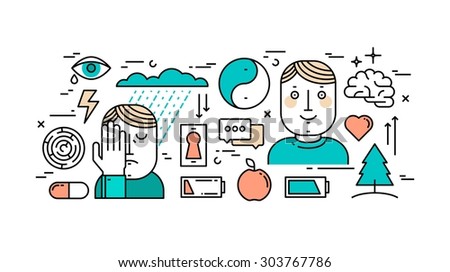 Thin line flat design concept of mental health, depression and anti-depression, vector illustration