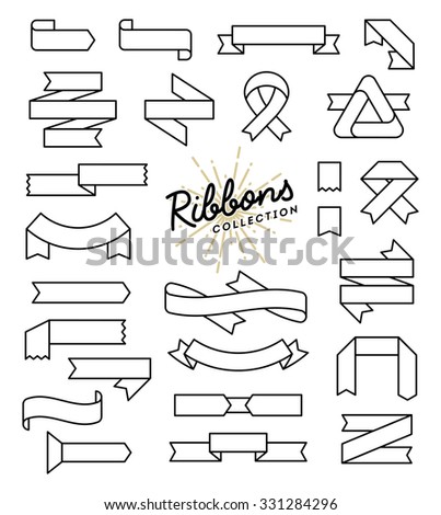 Set of variously shaped ribbon banners, thin line style design, vector illustration