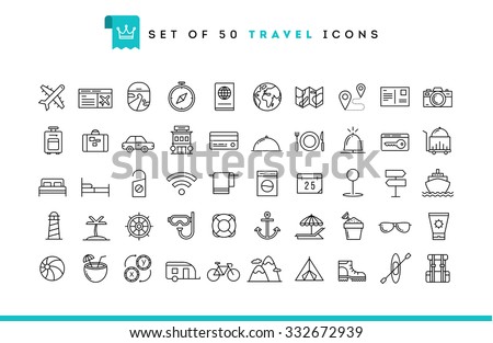 Set of 50 travel icons, thin line style, vector illustration 