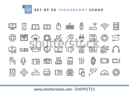 Set of 50 technology icons, thin line style, vector illustration 