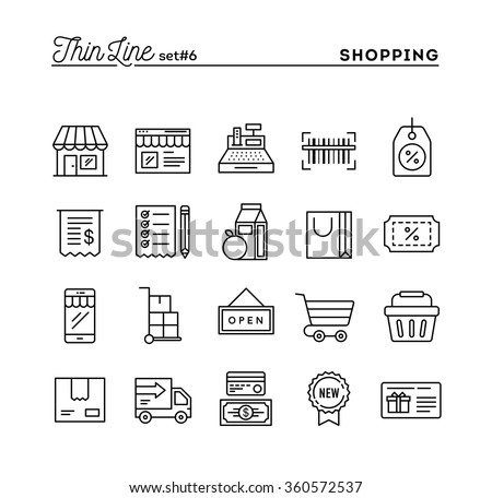 Shopping, retail, delivery, gift card, discount and more, thin line icons set, vector illustration