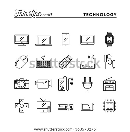 Technology, devices, gadgets and more, thin line icons set, vector illustration