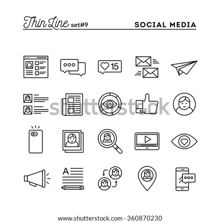 Social media, communication, personal profile, online posting and more, thin line icons set, vector illustration