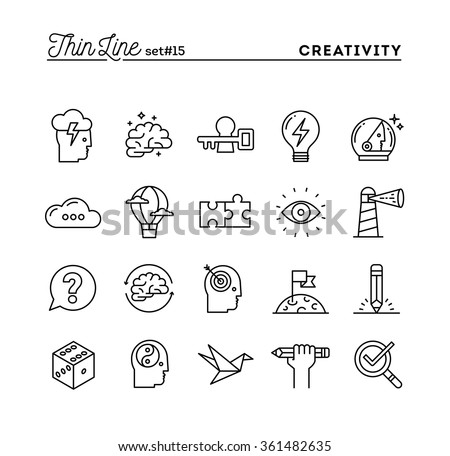 Creativity, imagination, problem solving, mind power and more, thin line icons set, vector illustration