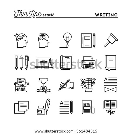 Writing, blogging, best seller book, storytelling and more, thin line icons set, vector illustration