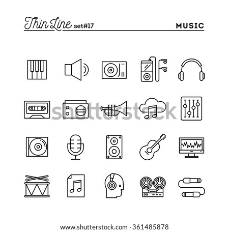 Music, sound, recording, editing and more, thin line icons set, vector illustration