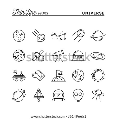 Universe, celestial bodies, rocket launching, astronomy and more, thin line icons set, vector illustration