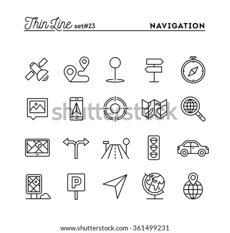 Navigation, direction, maps, traffic and more, thin line icons set, vector illustration