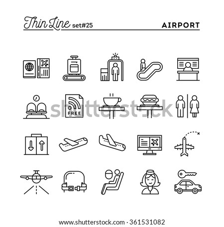 Airport, luggage scanning, flight, rent a car and more, thin line icons set, vector illustration