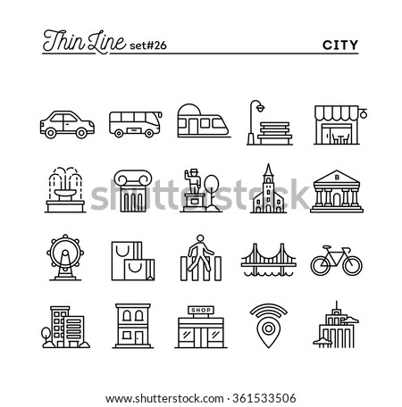 City, transportation, culture, shopping and more, thin line icons set, vector illustration