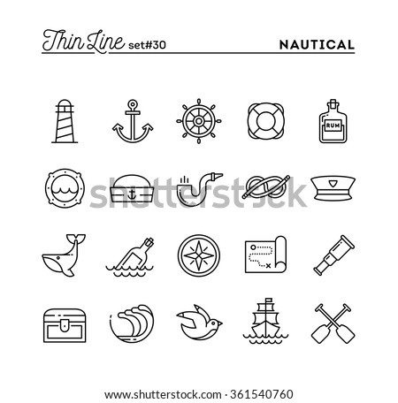 Nautical, sailing, sea animals, marine and more, thin line icons set, vector illustration