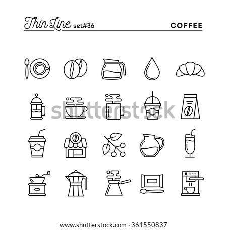 Coffee, thin line icons set, vector illustration