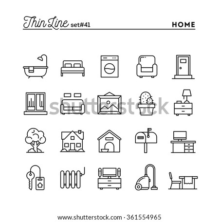 Home, interior, furniture and more, thin line icons set, vector illustration