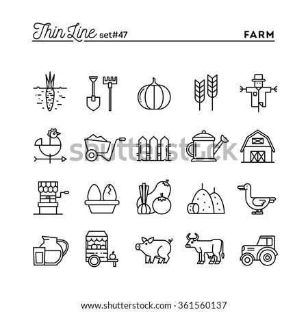 Farm, animals, land, food production and more, thin line icons set, vector illustration