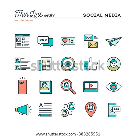 Social media, communication, personal profile, online posting and more, thin line color icons set, vector illustration
