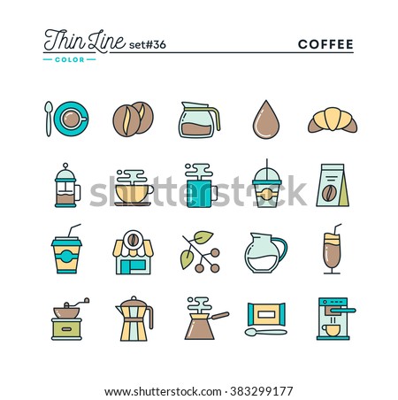 Coffee, thin line color icons set, vector illustration