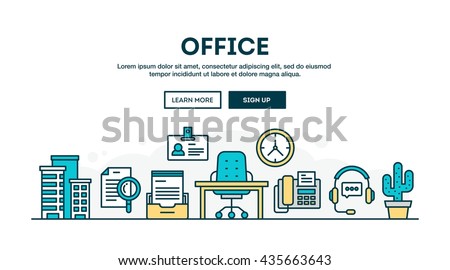 Office, colorful concept header, flat design thin line style, vector illustration