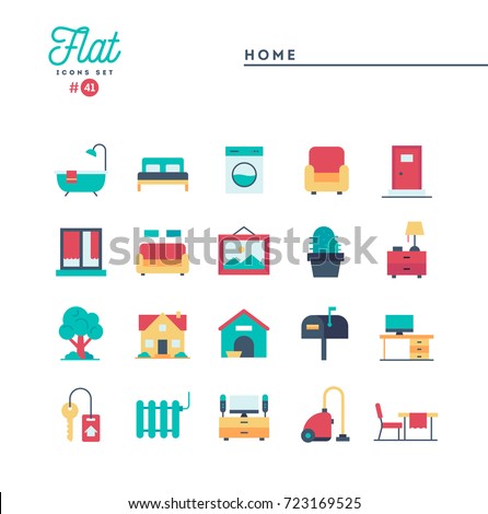 Home, interior, furniture and more, flat icons set, vector illustration