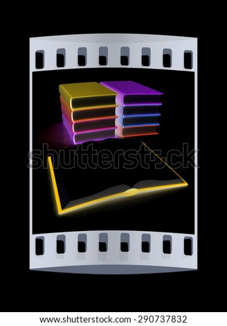 colorful real books on black background. The film strip