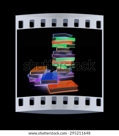 Colorful real books on black background. The film strip