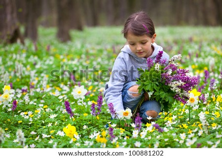 Similar – Foto Bild Nettes Mädchen Kommissionierung Frühling wilden Gänseblümchen