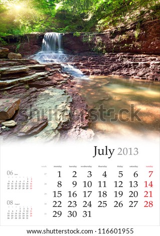 2013 Calendar. July. Beautiful summer landscape in the forest with waterfall.