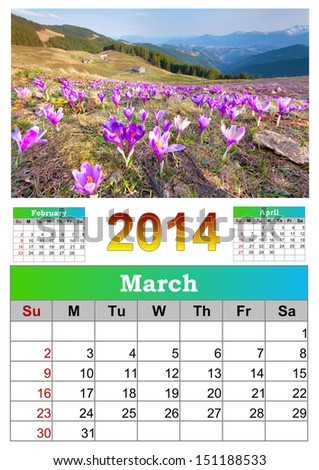 2014 Calendar. March. Blooming crocuses in the mountains