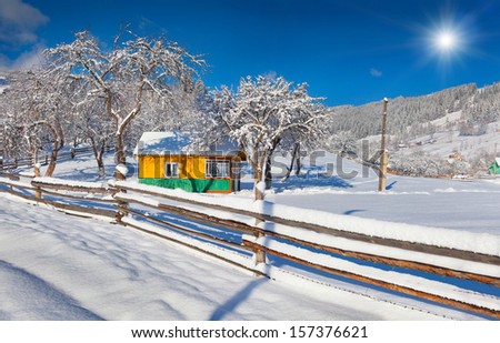 Sunny landscape in the mountain village. Winter morning. Iltsi village, Carpathian , Ukraine, Europe.