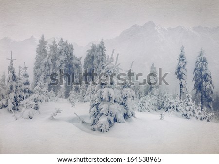 Misty forest in winter in the mountains. Retro style, paper texture.
