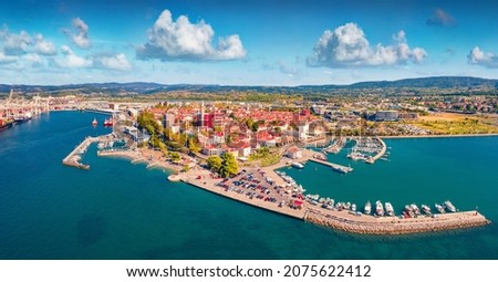Exciting summer view from flying drone of Koper port. Aerial outdoor scene of Adriatic coastline, Slovenia, Europe. Splendid Mediterranean seascape. Traveling concept background. Foto stock © 